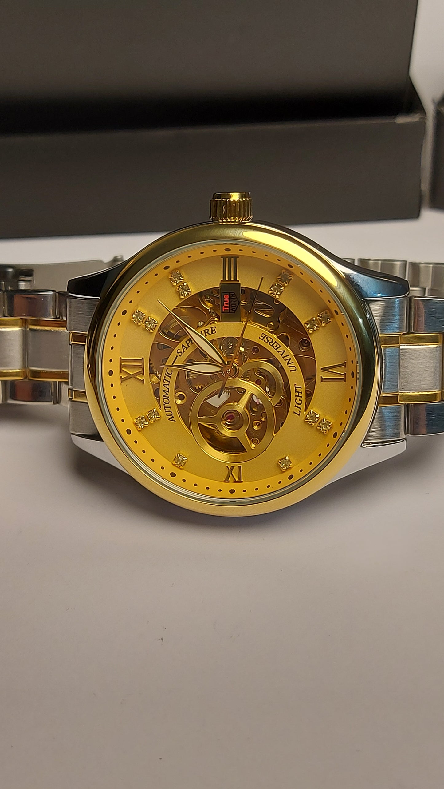 True Worth Face Gear Automatic Watch with Premium quality stainless steel material for men's ( Silver Gold )