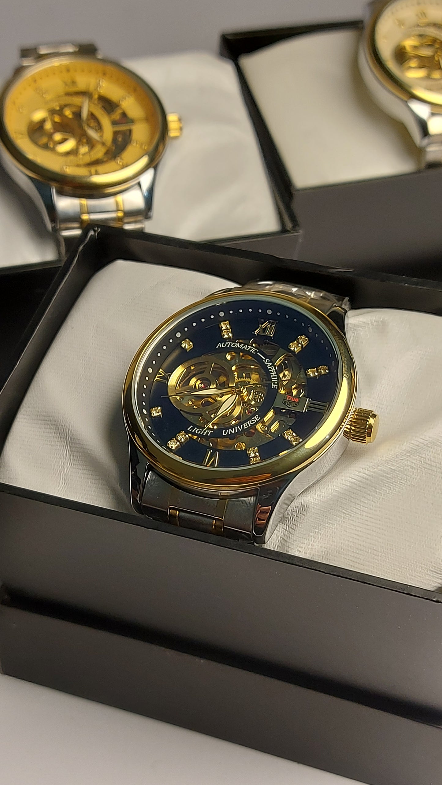 True Worth Face Gear Automatic Watch with Premium quality stainless steel material for men's ( Black Gold )